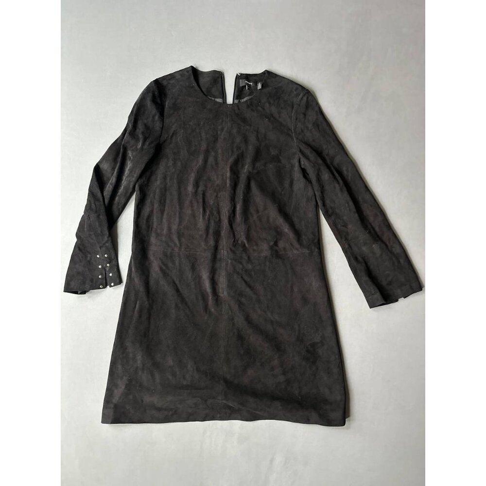 Theory Komiza Tilde Studded-Sleeve Suede Shift Dress Black Lamb 8 size $1195